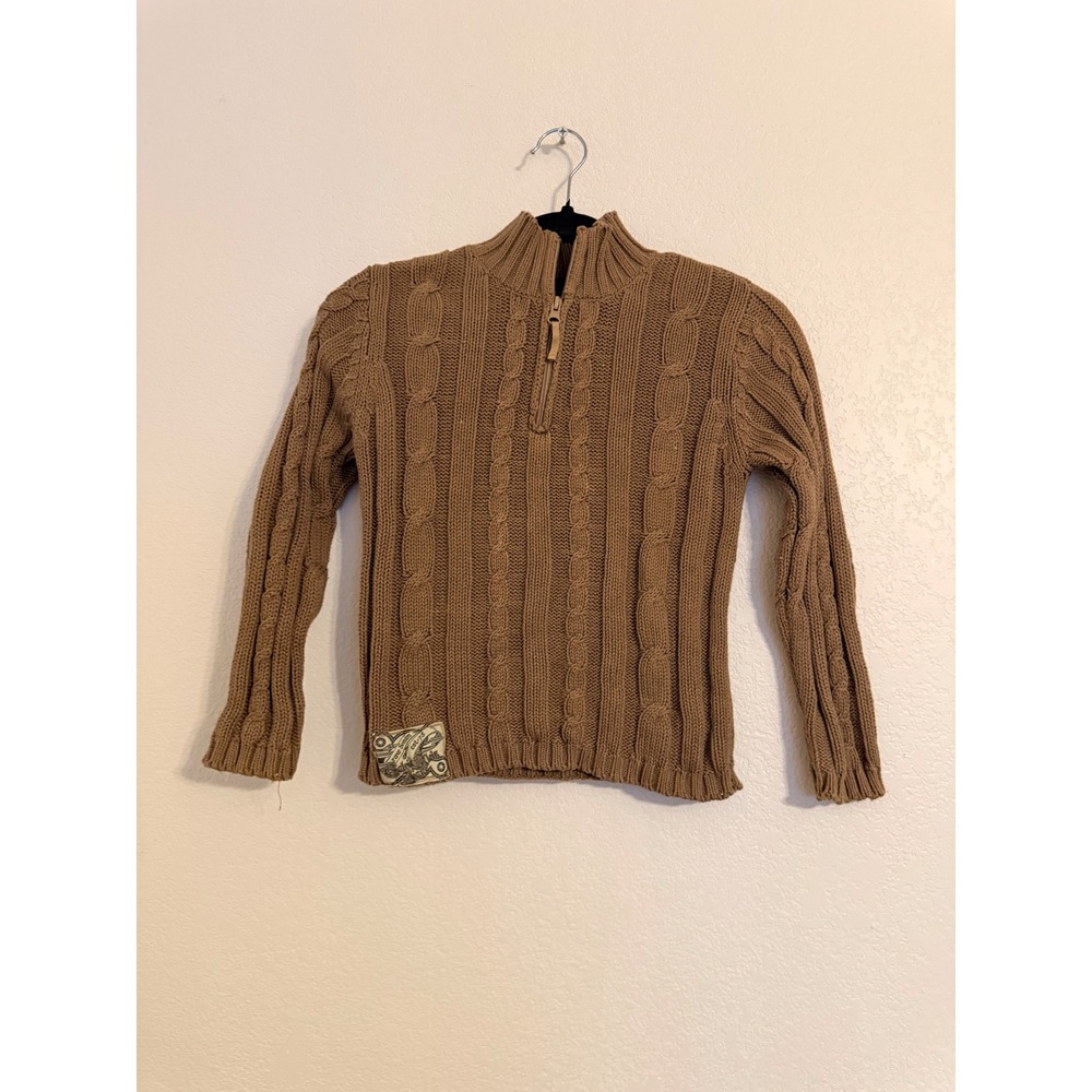 Calvin Klein Jeans Kids Cable Knit Quarter Zip Sweater Brown Size 6 Elbow Patch - Picture 1 of 5